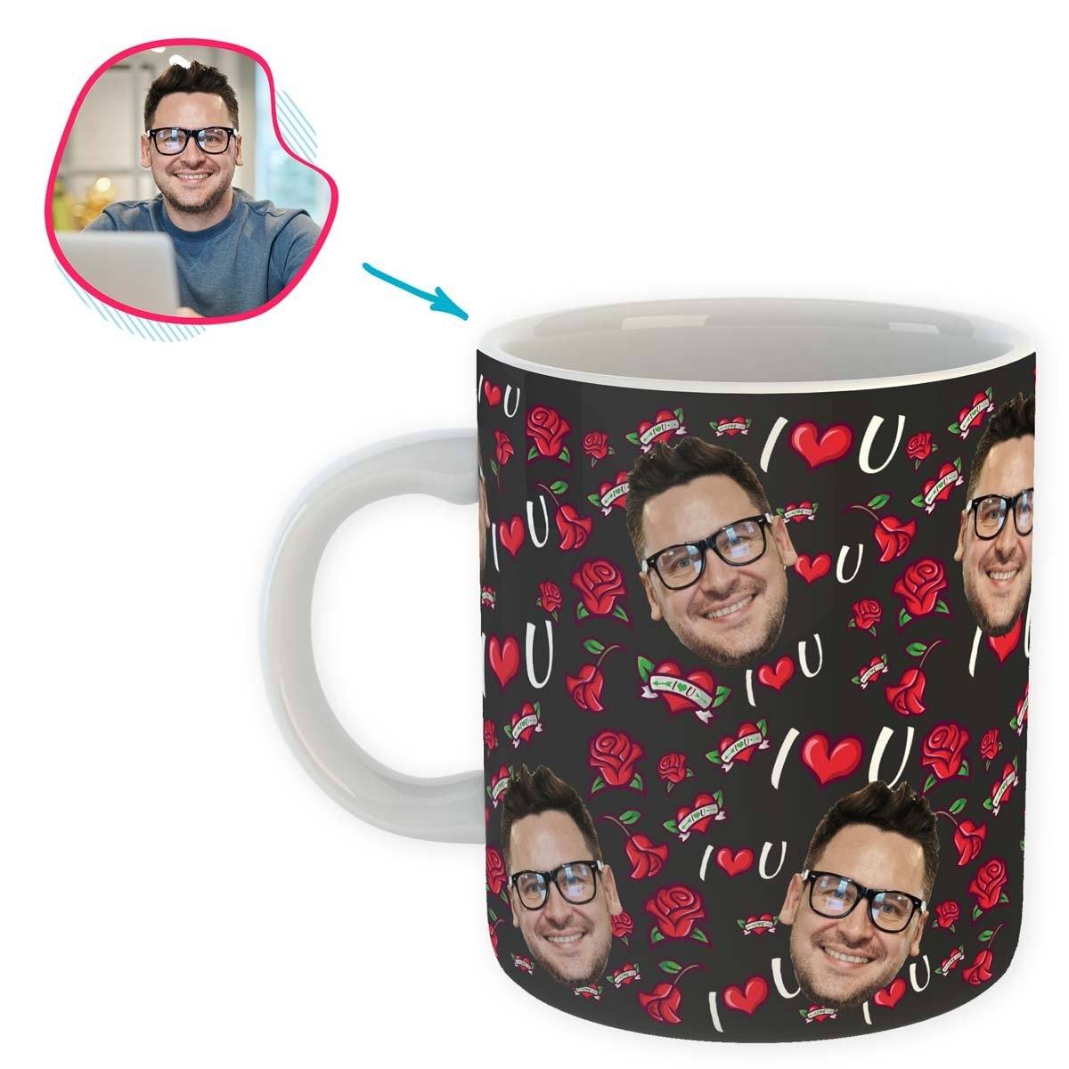 dark Valentines mug personalized with photo of face printed on it