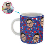 Load image into Gallery viewer, darkblue Valentines mug personalized with photo of face printed on it
