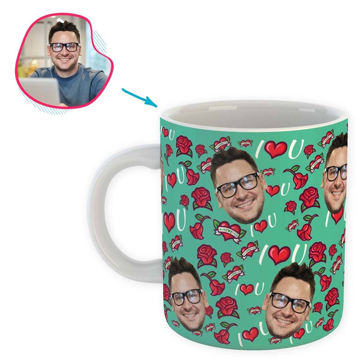 mint Valentines mug personalized with photo of face printed on it