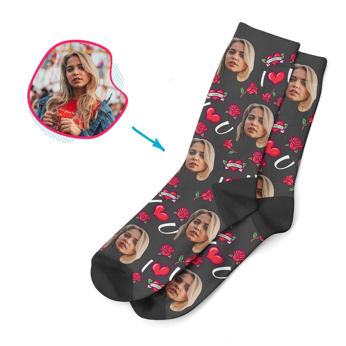 dark Valentines socks personalized with photo of face printed on them