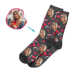 Load image into Gallery viewer, dark Valentines socks personalized with photo of face printed on them
