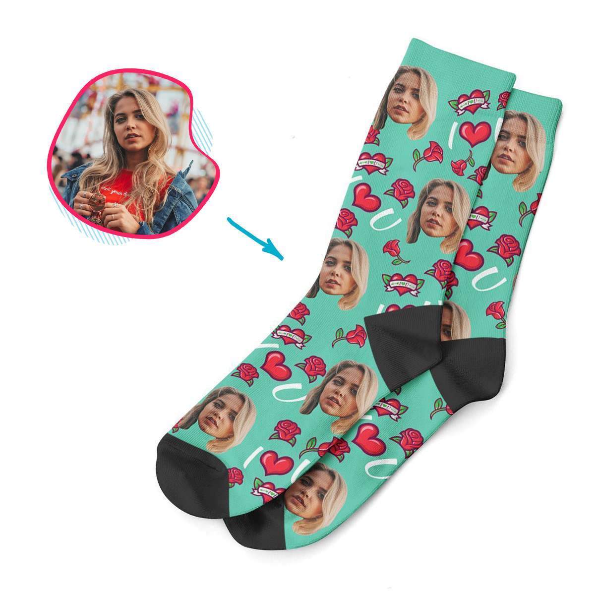 mint Valentines socks personalized with photo of face printed on them