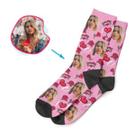 Load image into Gallery viewer, pink Valentines socks personalized with photo of face printed on them
