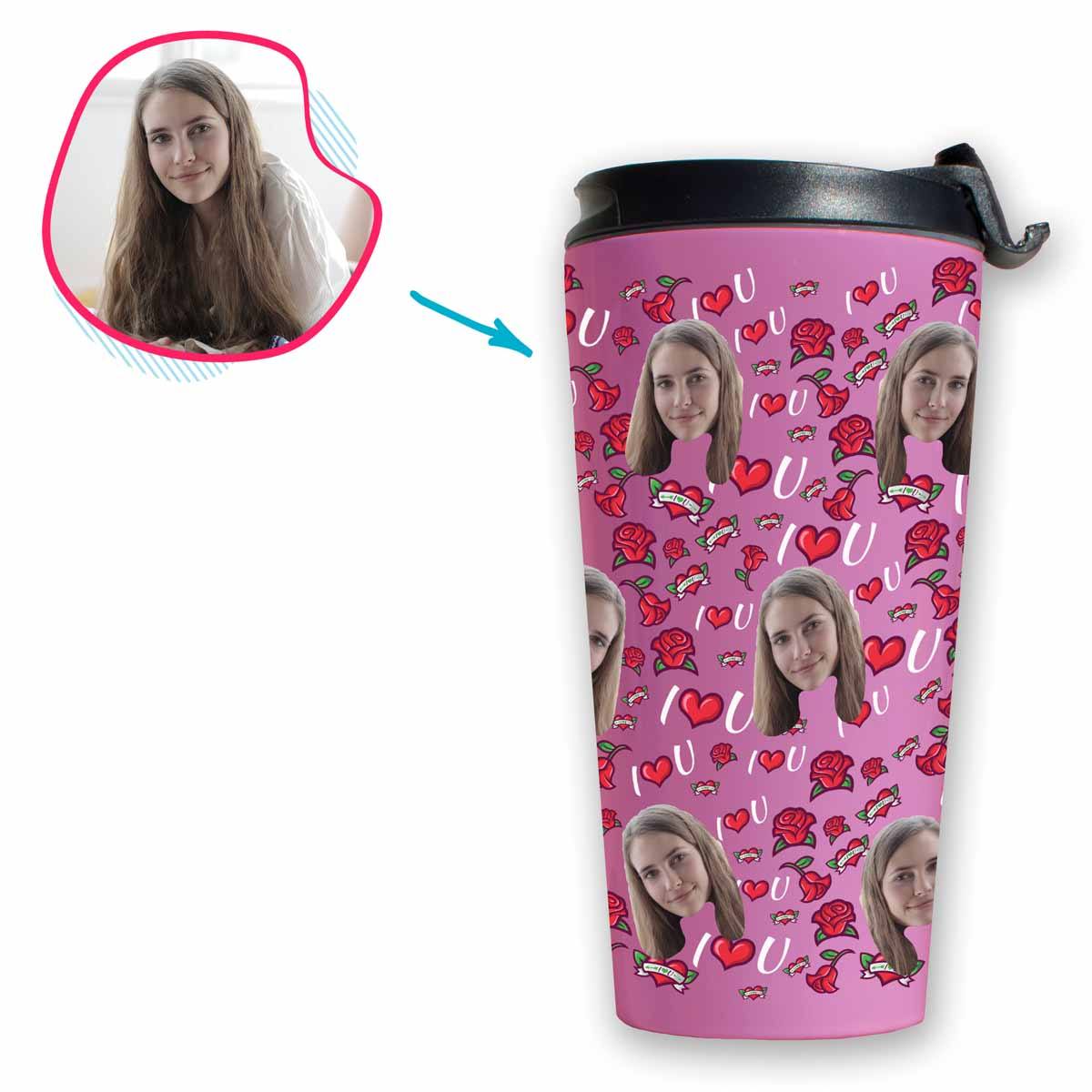 pink Valentines travel mug personalized with photo of face printed on it