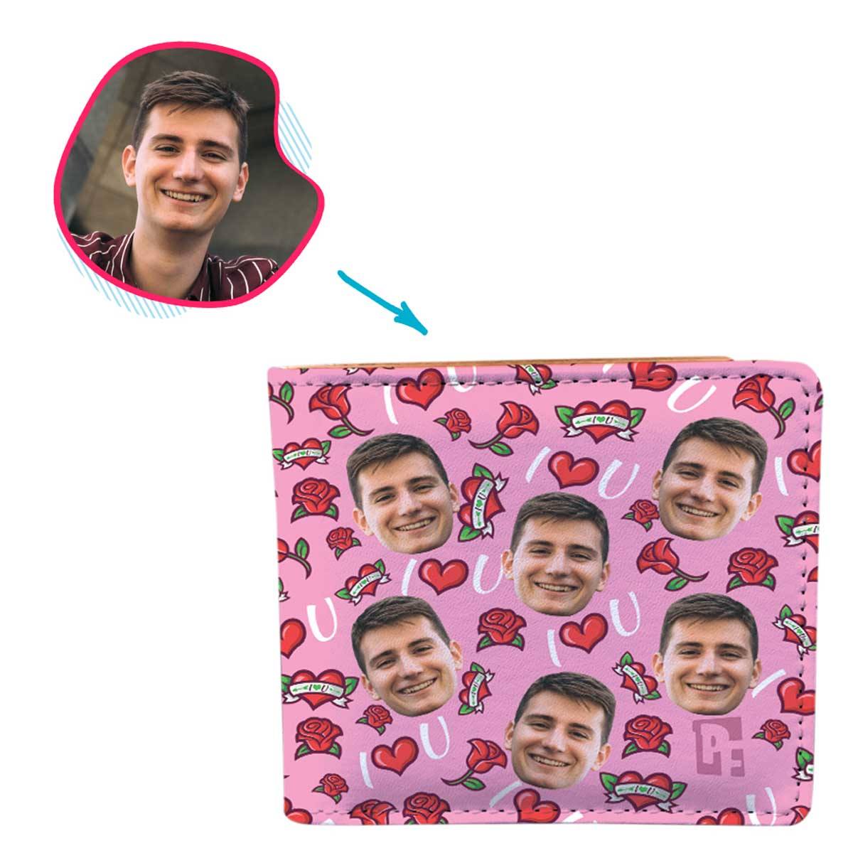 pink Valentines wallet personalized with photo of face printed on it