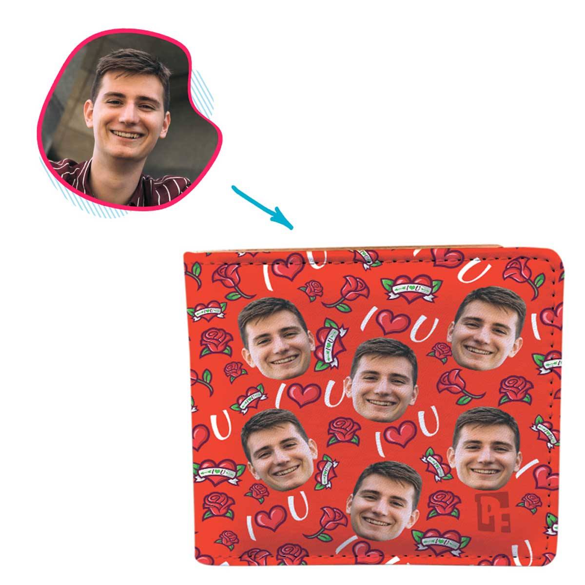 red Valentines wallet personalized with photo of face printed on it