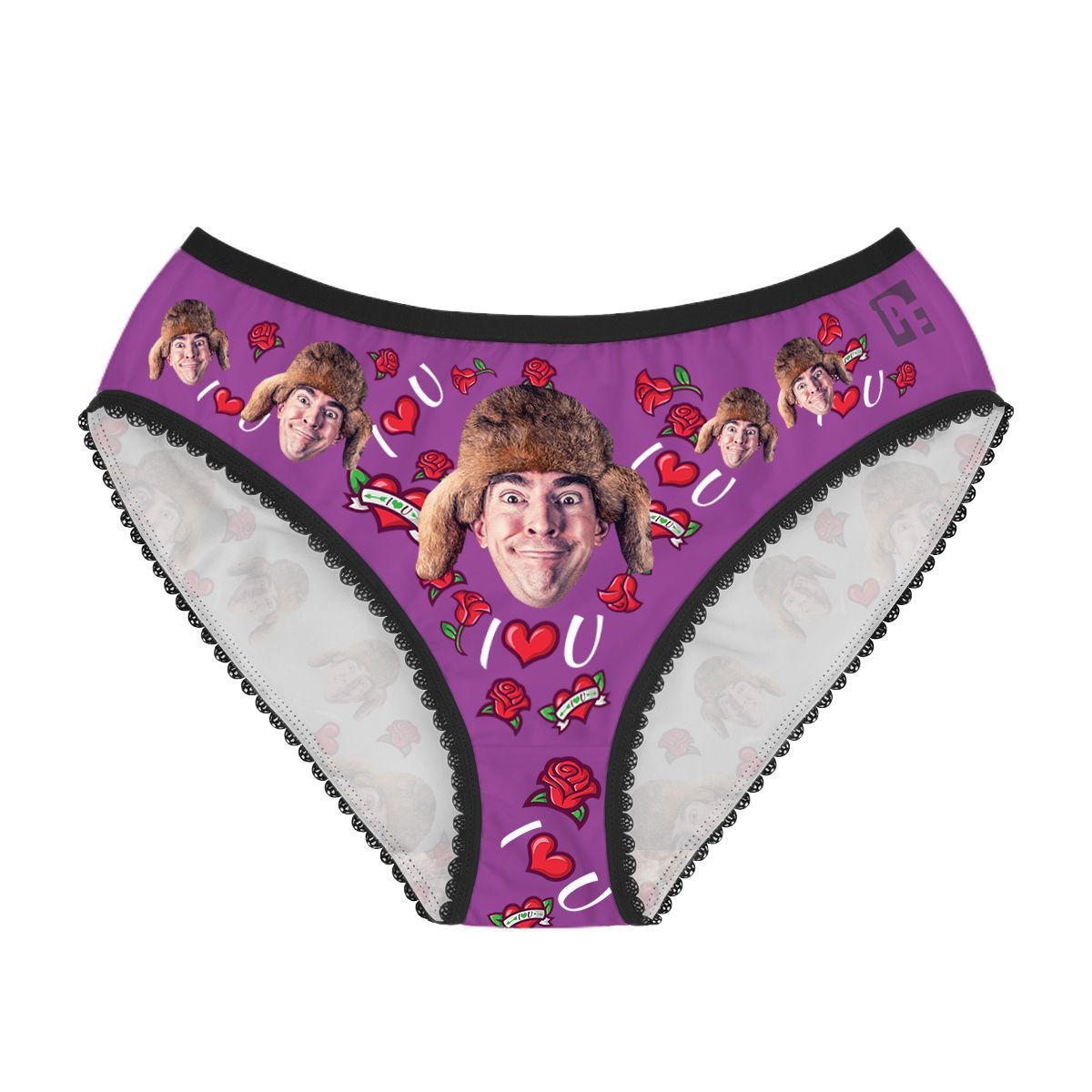 Purple Valentines women's underwear briefs personalized with photo printed on them