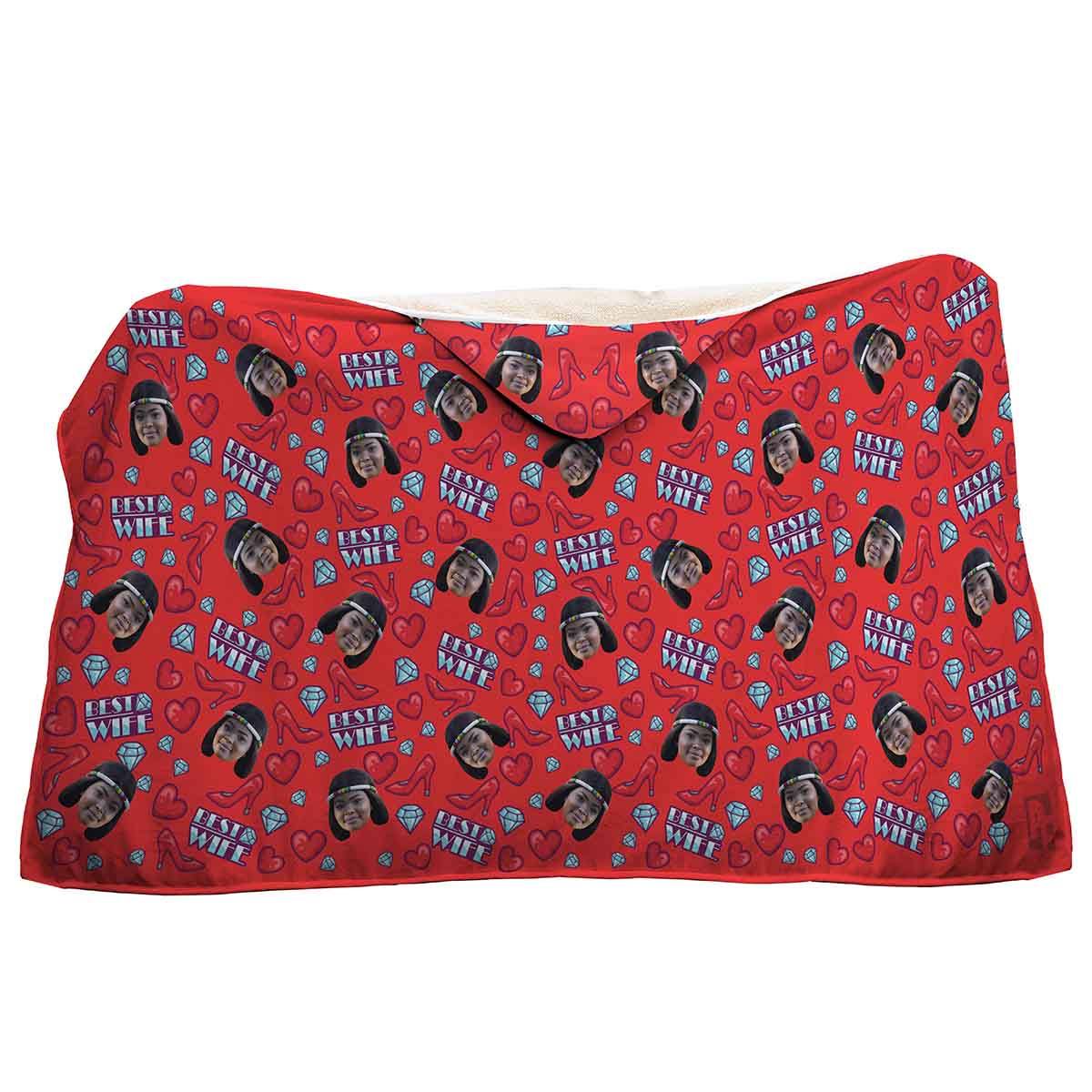 Red Wife personalized hooded blanket with photo of face printed on it