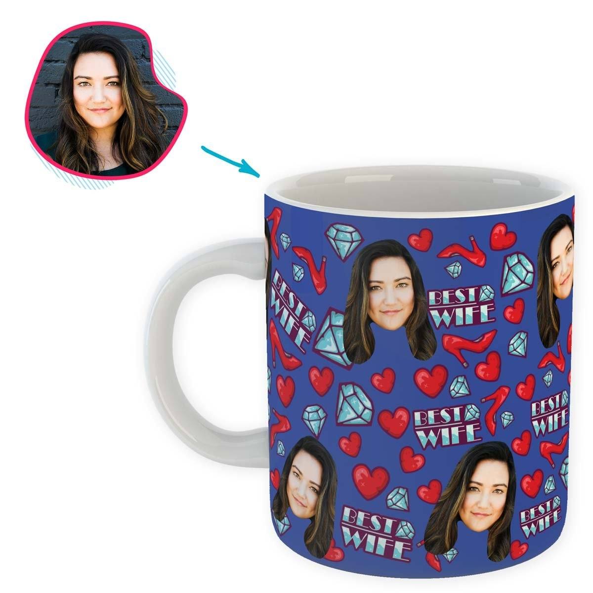Darkblue Wife personalized mug with photo of face printed on it