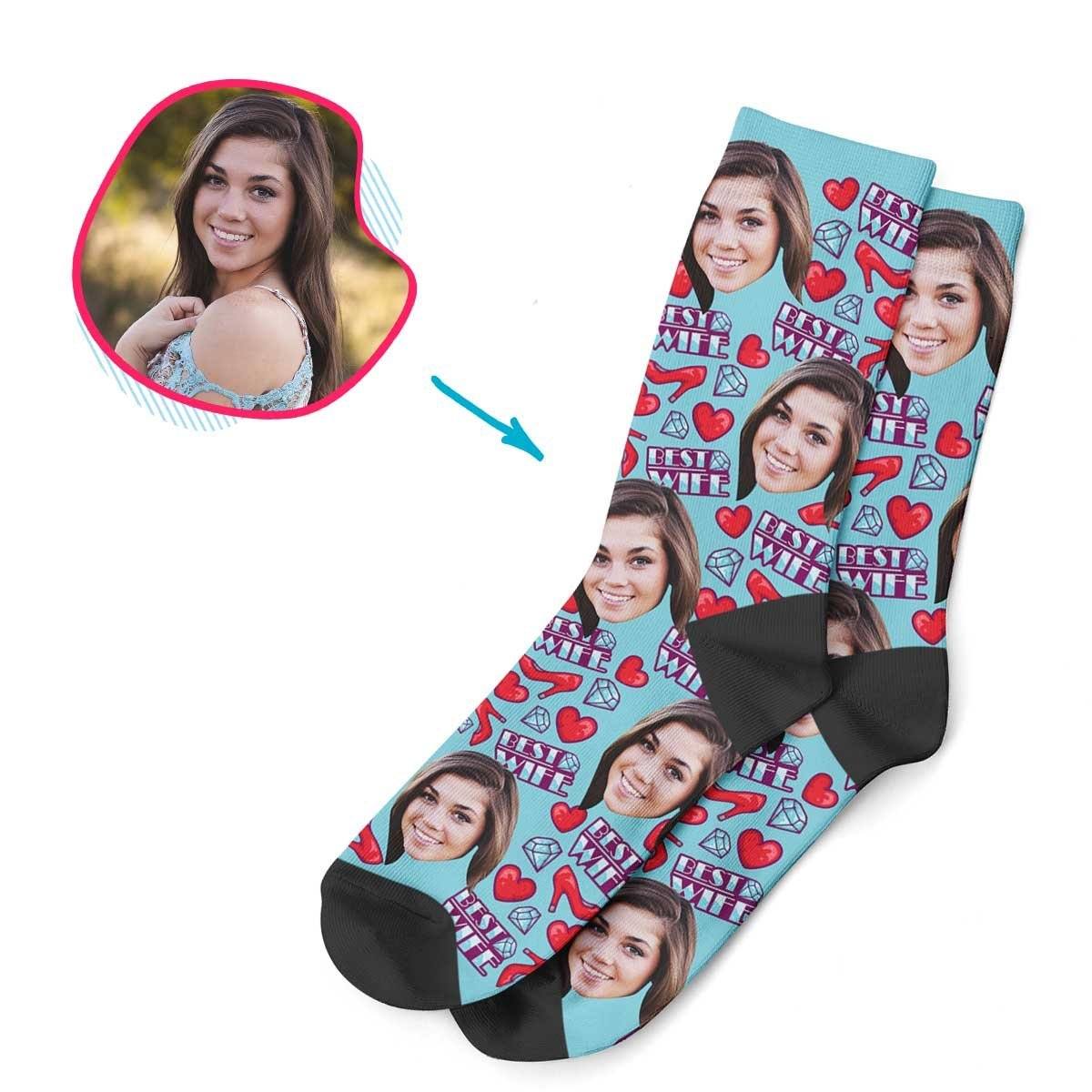 Blue Wife personalized socks with photo of face printed on them