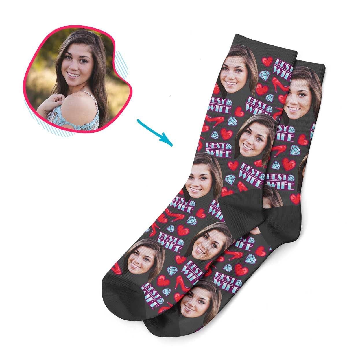 Dark Wife personalized socks with photo of face printed on them