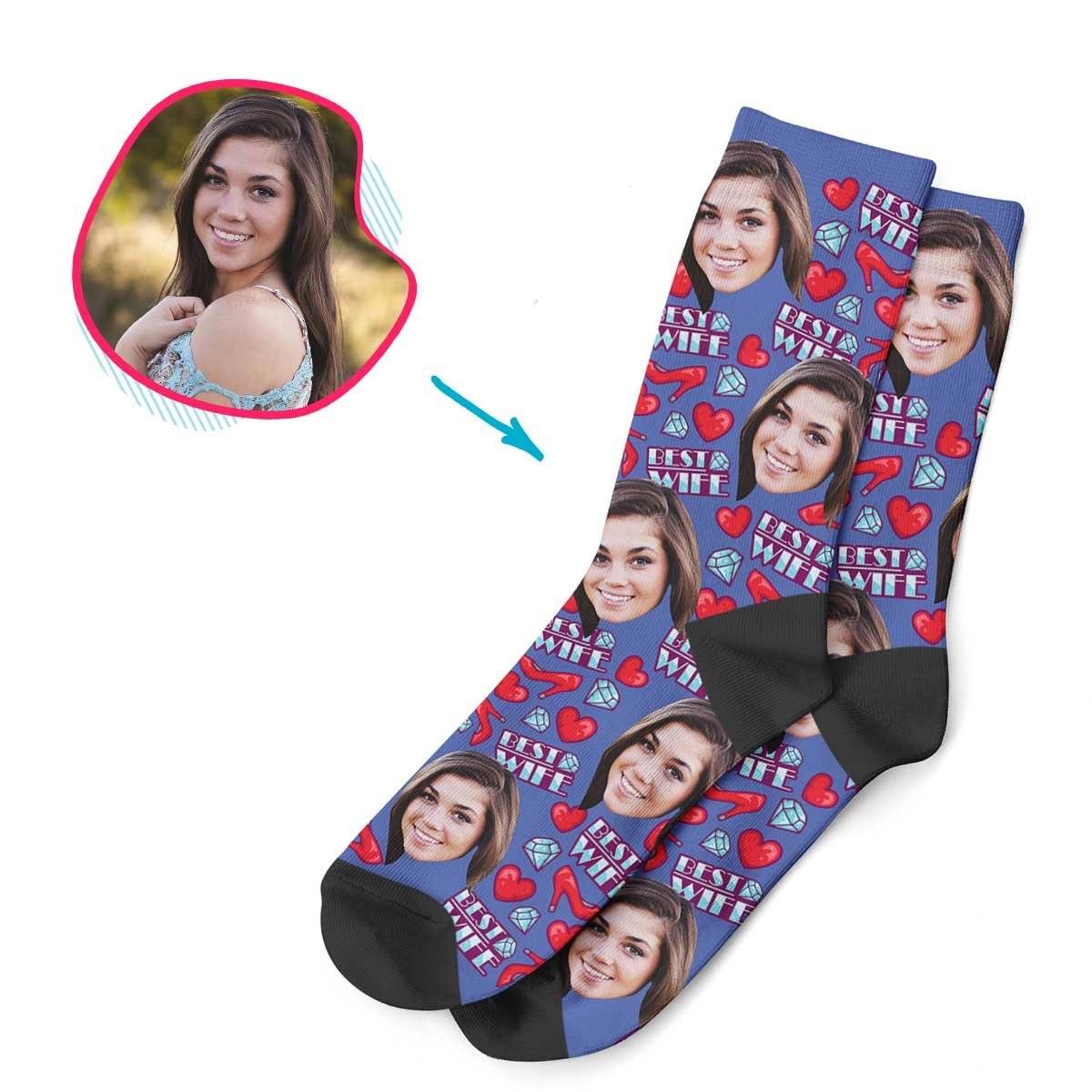 Darkblue Wife personalized socks with photo of face printed on them