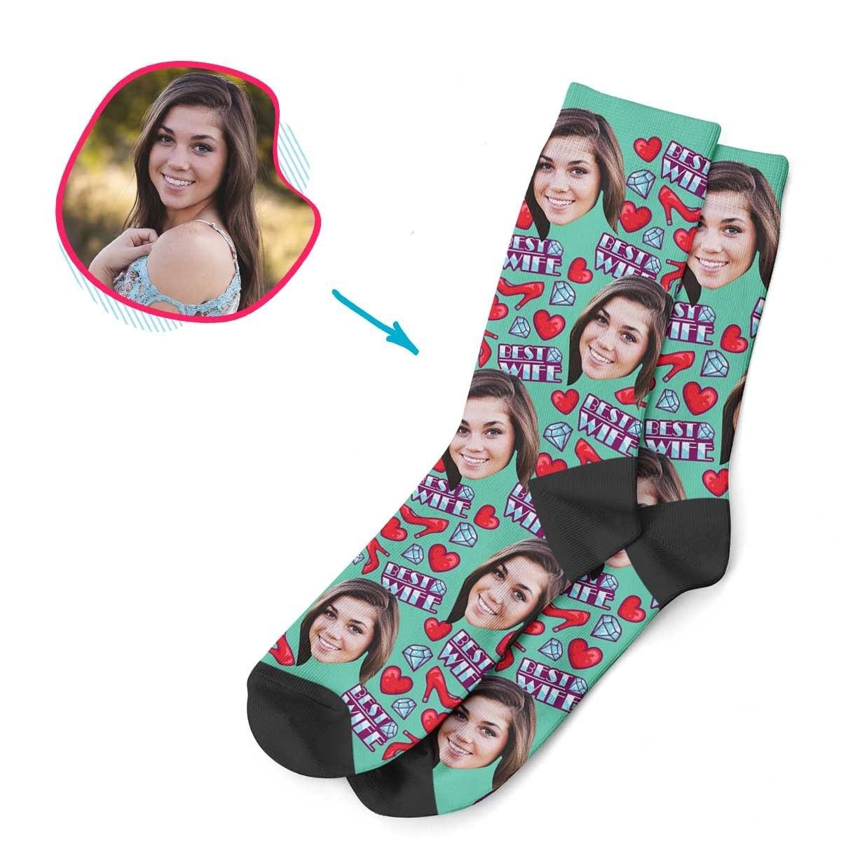 Mint Wife personalized socks with photo of face printed on them