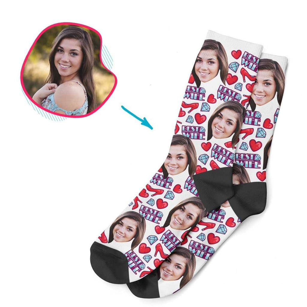White Wife personalized socks with photo of face printed on them