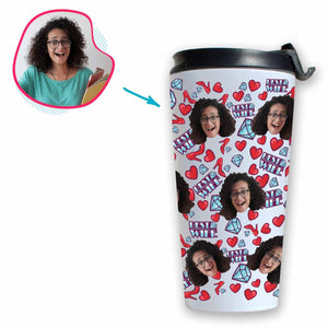 White Wife personalized travel mug with photo of face printed on it