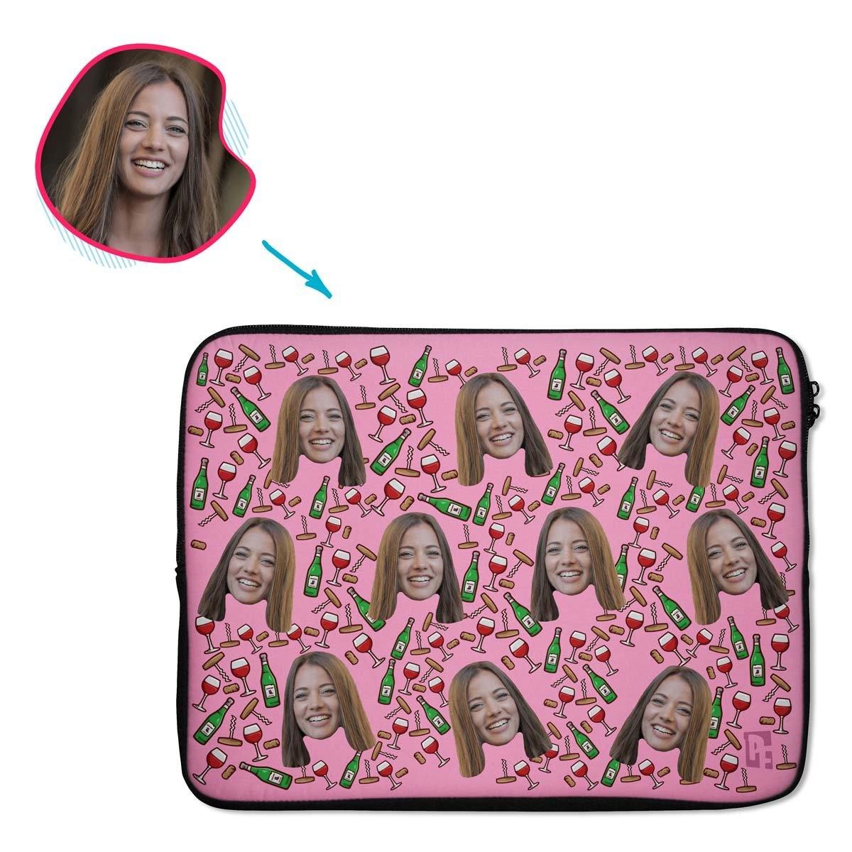 pink Wine laptop sleeve personalized with photo of face printed on them
