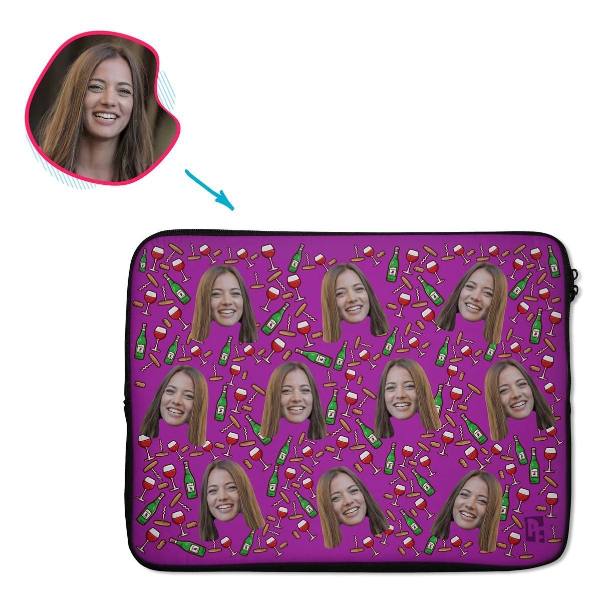 purple Wine laptop sleeve personalized with photo of face printed on them