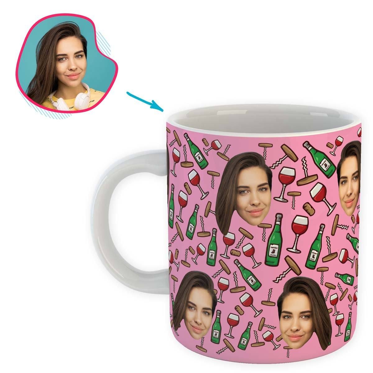 pink Wine mug personalized with photo of face printed on it