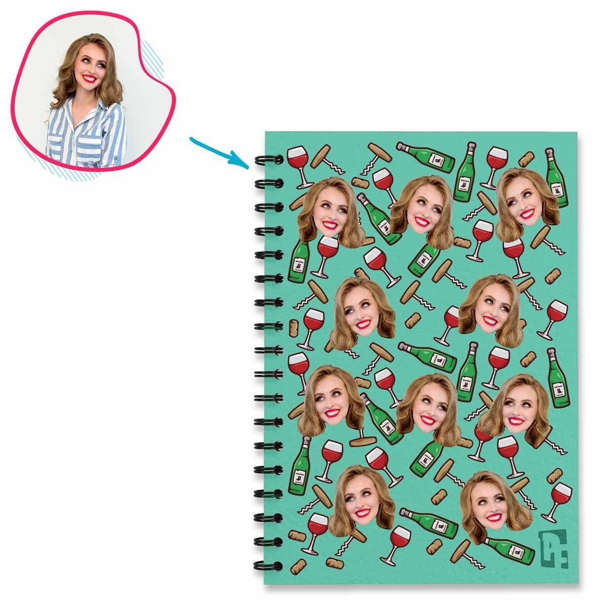 mint Wine Notebook personalized with photo of face printed on them