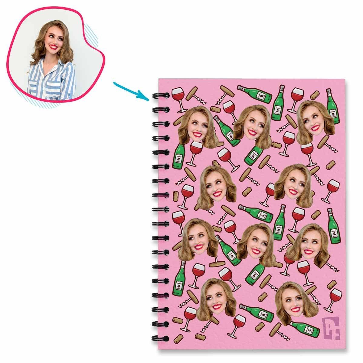 pink Wine Notebook personalized with photo of face printed on them