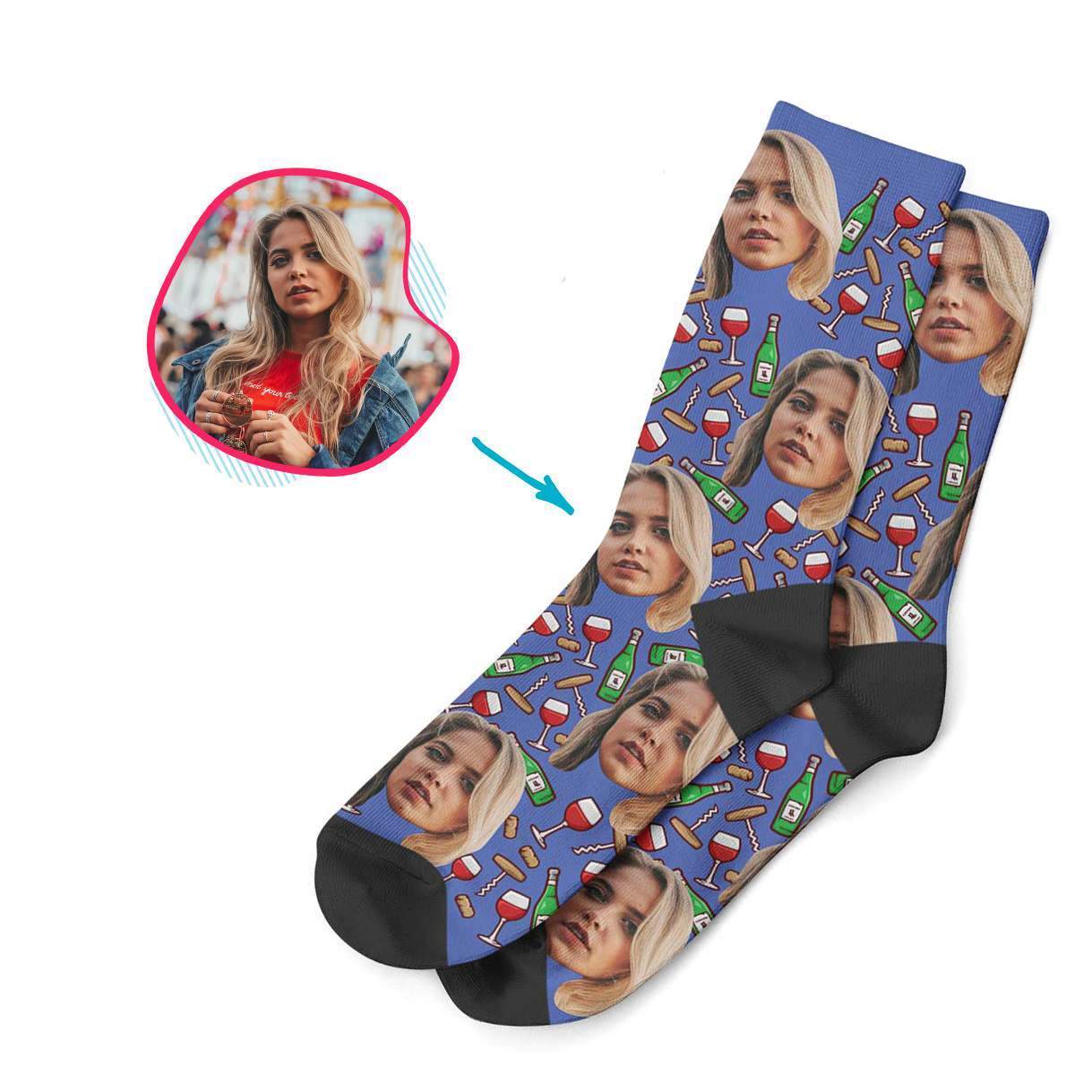 darkblue Wine socks personalized with photo of face printed on them