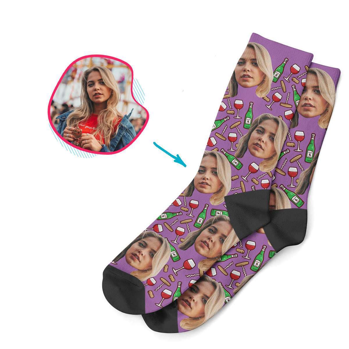 purple Wine socks personalized with photo of face printed on them