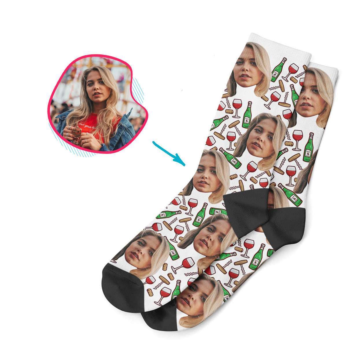 white Wine socks personalized with photo of face printed on them