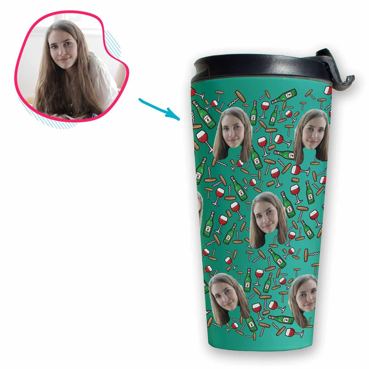 mint Wine travel mug personalized with photo of face printed on it
