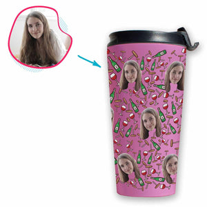 pink Wine travel mug personalized with photo of face printed on it
